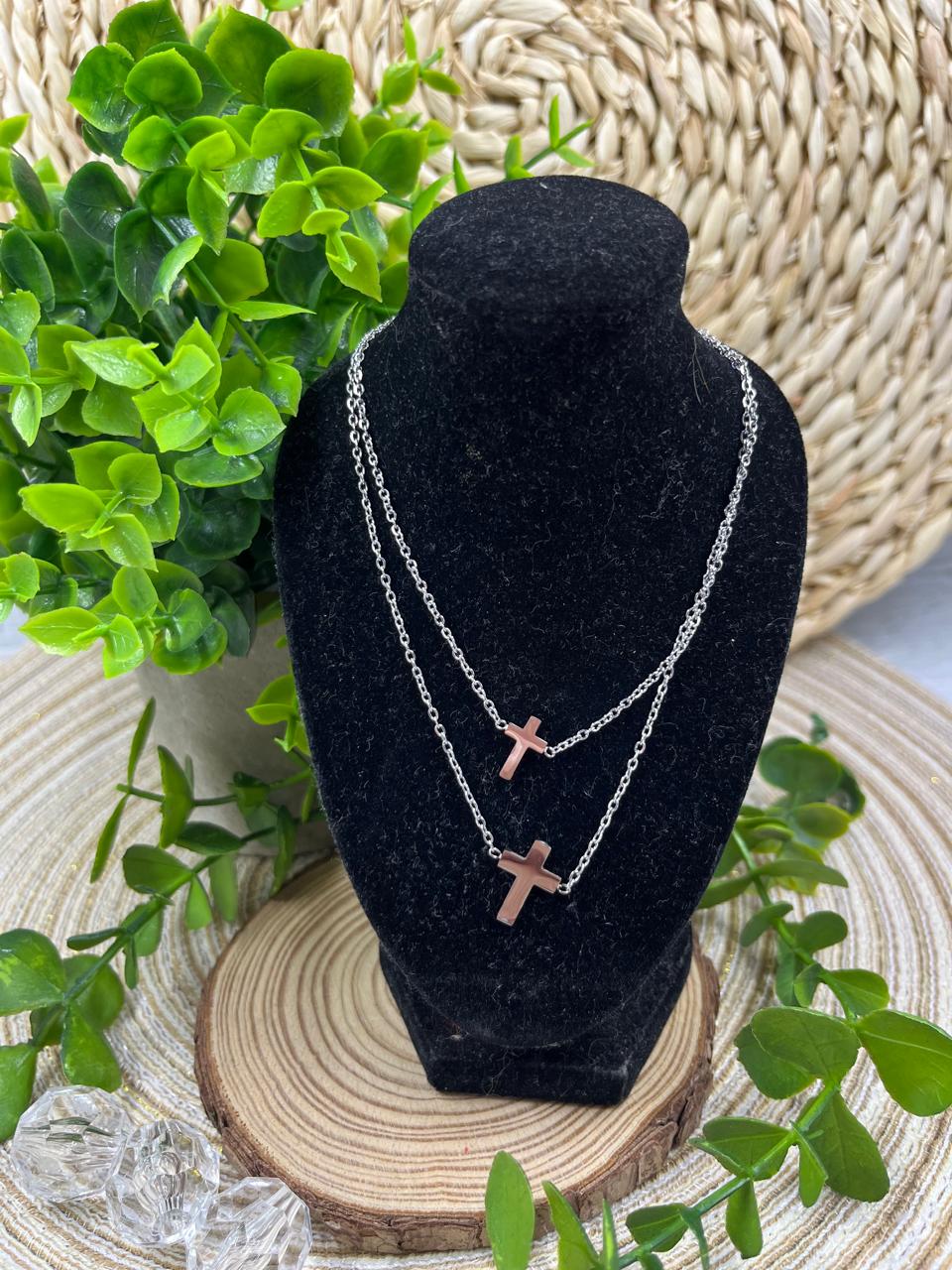 Stainless Steel Necklace Double Cross Silver