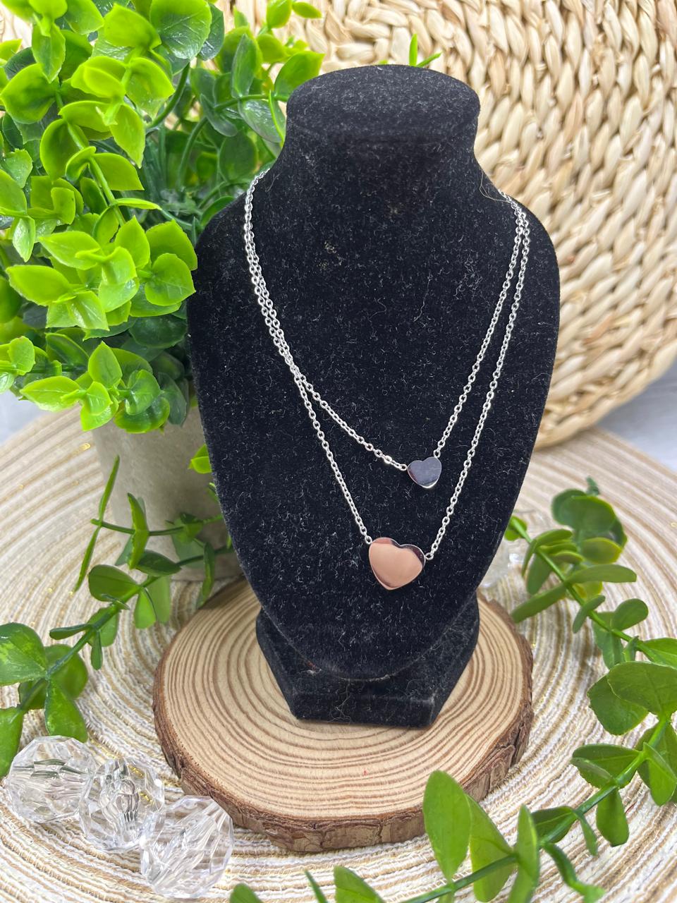 Stainless Steel Necklace Double Heart Silver