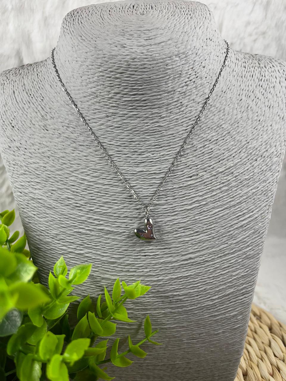 Stainless Steel Necklace Silver Heart with Diamonds