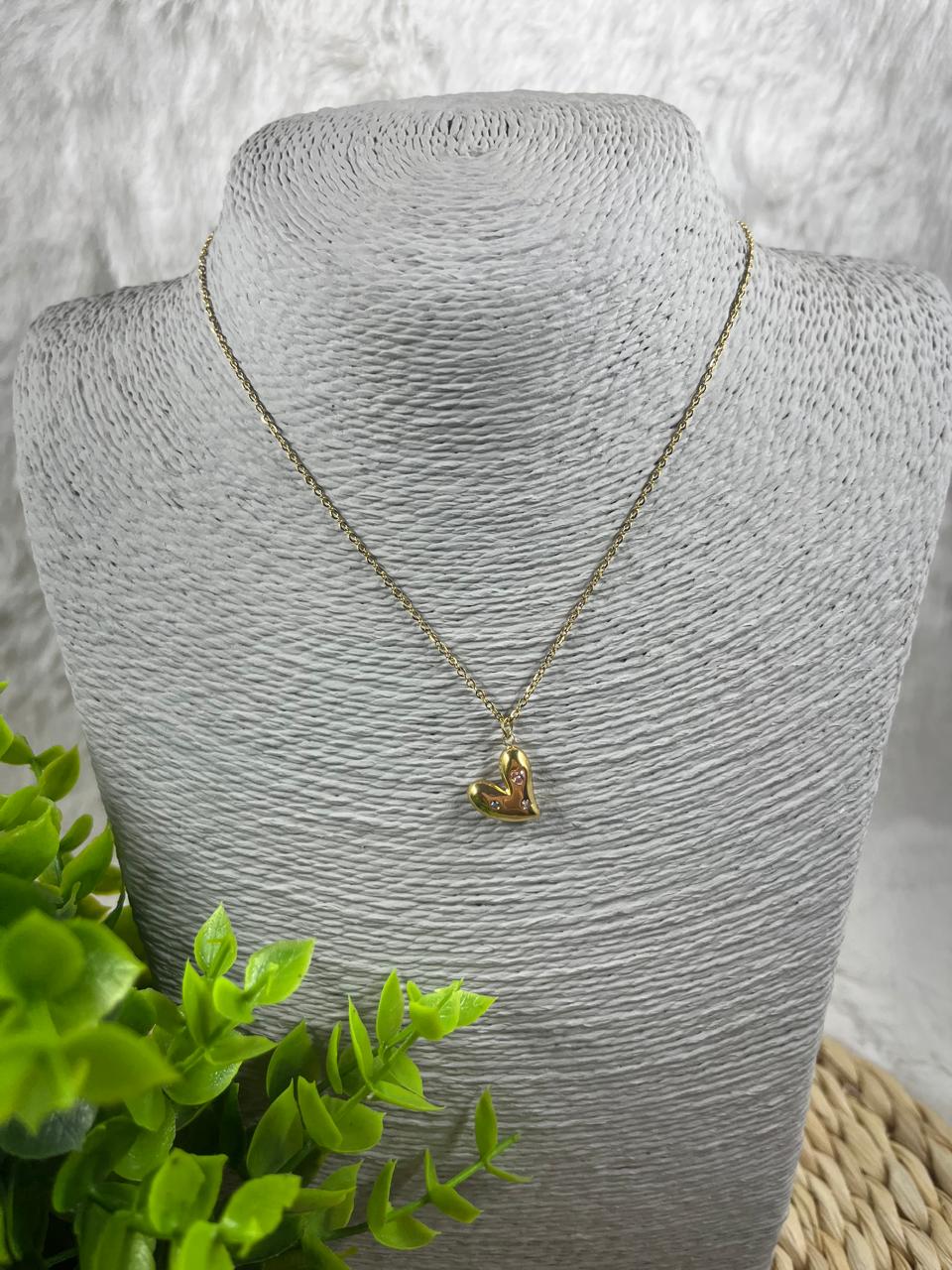 Stainless Steel Necklace Gold Heart with Diamonds