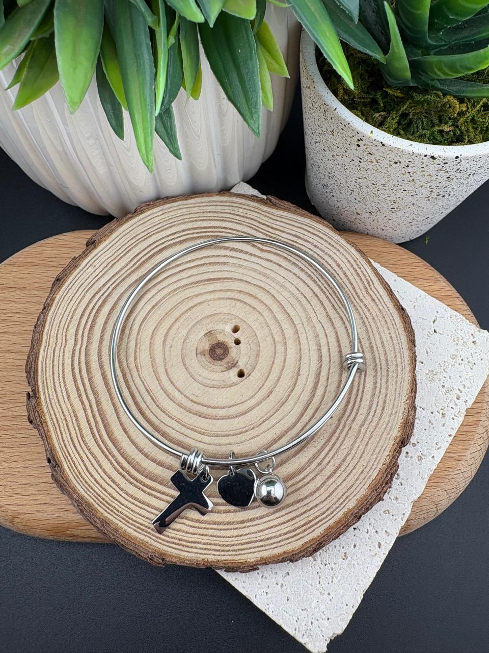 Stainless Steel Silver Cross & Charm Bracelet