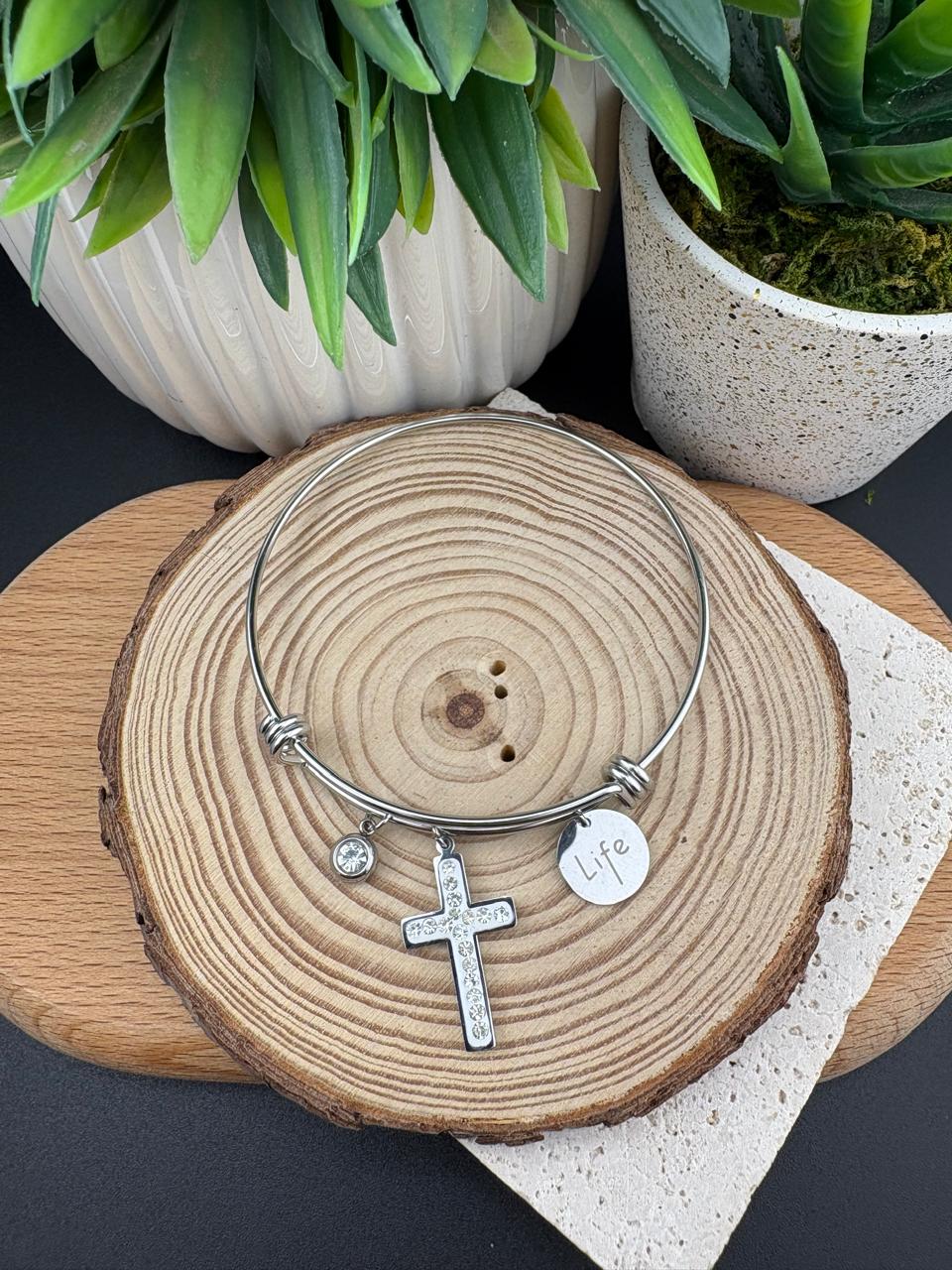 Stainless Steel Silver Cross & Charm Bracelet #2