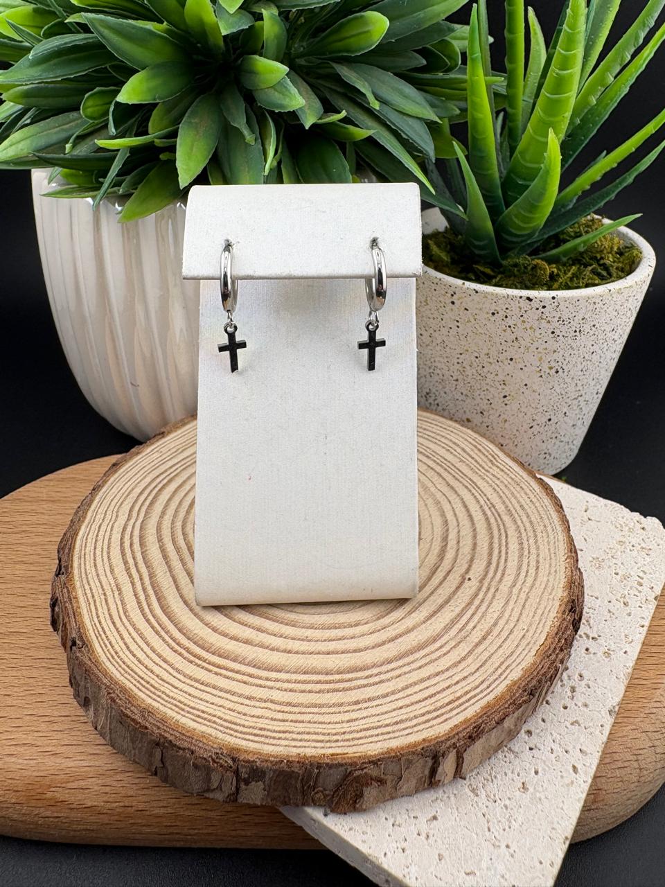Stainless Steel Earring Dangling Silver Cross #030