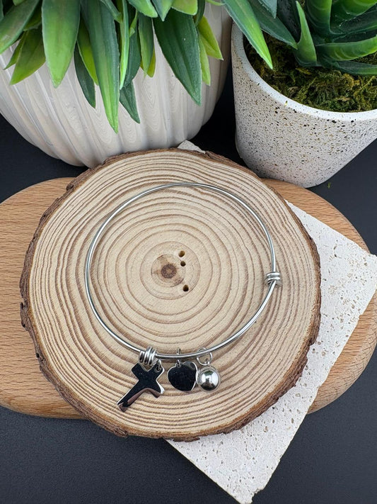 Stainless Steel Silver Cross & Charm Bracelet