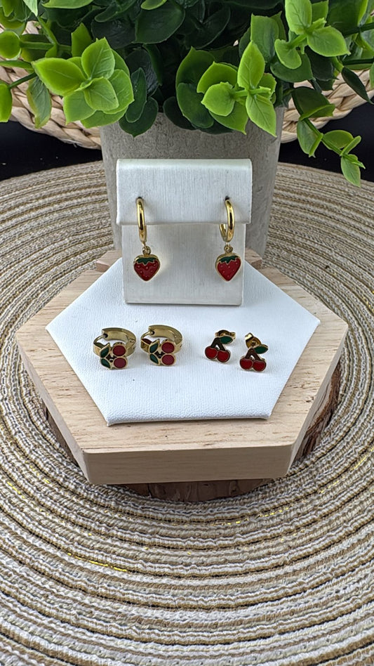 3pc Strawberry/Cherry Stainless Steel Earrings #2